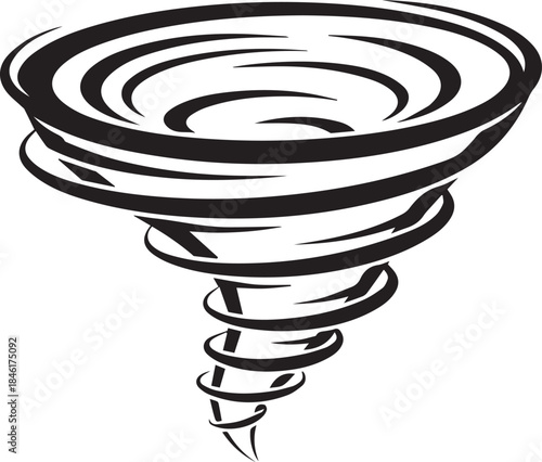 Stylized black and white illustration of a powerful swirling tornado in a dynamic motion