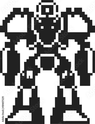 Retro pixel robot warrior standing frontal view classic 8 bit arcade mecha character with armor, futuristic sci fi battle machine