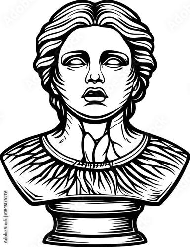 Marble classical bust of ancient statue mythological sculpture head with blank eyes and detailed engraved chest on pedestal