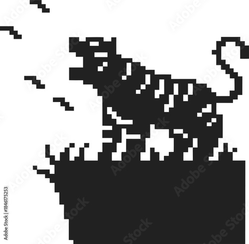 pixel art tiger roaring on grass platform, retro 8 bit wild animal silhouette with aggressive stance and nature scene