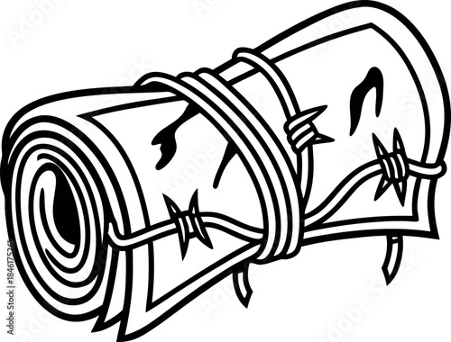 wad of cash wrapped in barbed wire symbolizing restricted money, financial security, economic crisis and dangerous wealth risk