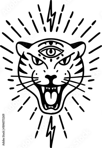 Mystic third eye tiger head roaring with lightning rays esoteric wild cat line art symbol for spiritual power and intuition