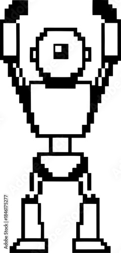 Pixel robot character with raised arms, retro 8 bit humanoid figure, minimal black and white digital game icon