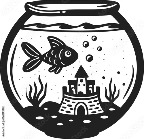 Goldfish in round aquarium bowl with castle ornament, aquatic plants, bubbles and water, simple black and white pet tank illustration