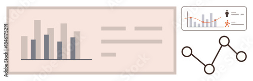 Bar graph with data labels, line chart tracking trends, and node connections. Ideal for analysis, statistics, data tracking, infographics, process mapping, business planning simple flat metaphor
