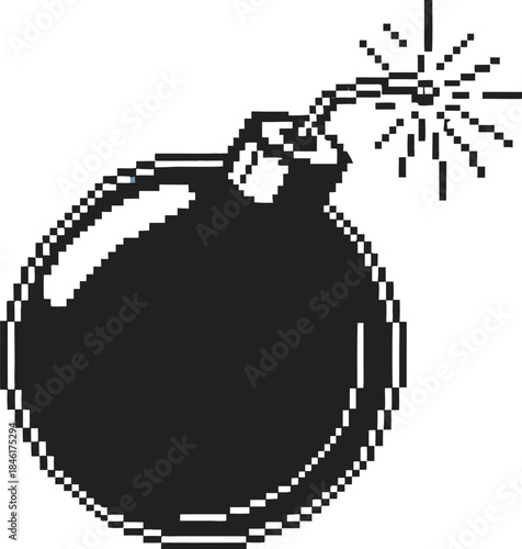 Pixel art bomb icon with burning fuse retro explosive symbol, simple black and white game design element on transparent background