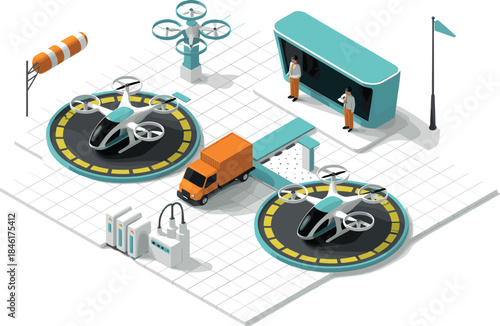 Futuristic isometric drone transport hub with landing pads, cargo delivery vehicles