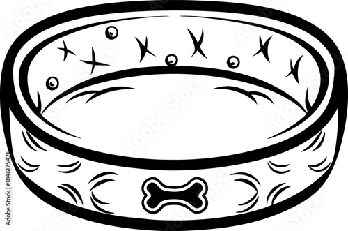 Dog bed with bone emblem simple black and white pet cushion illustration, cozy oval shape kennel for comfortable resting