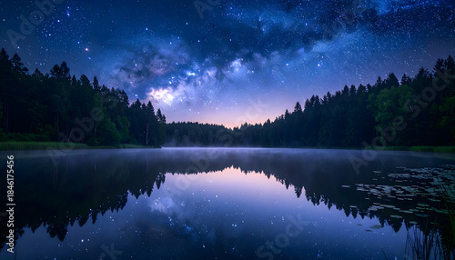 A forest scene with the starry sky reflected on the lake surface