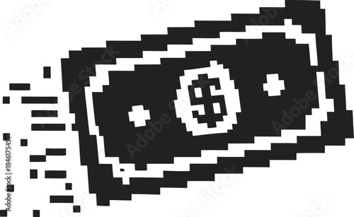 Pixelated flying dollar bill icon symbolizing fast digital money, online payments, financial transactions and disappearing cash concept