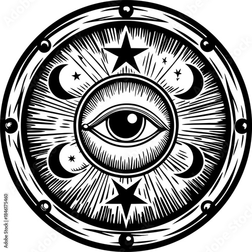 Mystic all seeing eye with crescent moons and stars in circular emblem occult esoteric symbol, spiritual vision and cosmic energy