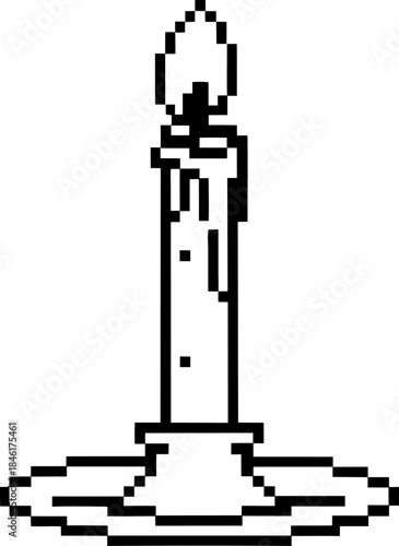 Candle pixel art icon of burning wax light on round holder plate minimal line drawing illustration for retro digital design and interface