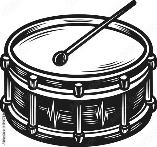 Snare drum with drumstick illustration vintage percussion instrument icon, musical rhythm symbol with decorative sound wave elements