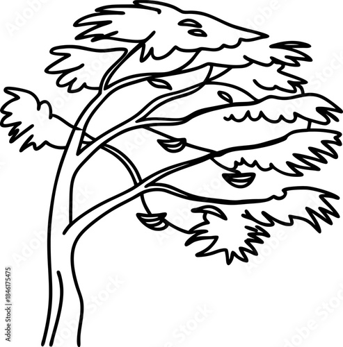Windswept tree outline with flowing branches and leaves minimalist natural element illustration for ecology, environment and nature themes