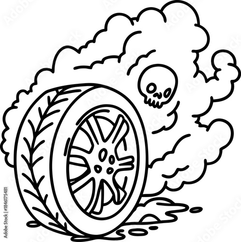 Burning car tire emitting toxic smoke cloud with skull symbol, environmental pollution and dangerous automotive waste concept