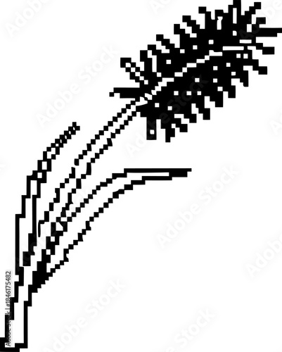Pixelated wheat ear icon with stem and leaves minimalist black cereal plant symbol in retro 8 bit agricultural illustration
