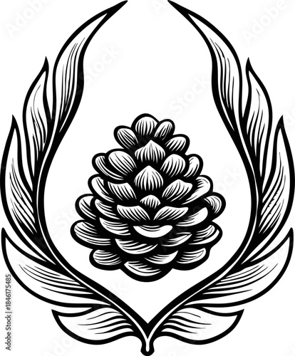 pine cone emblem with decorative laurel branches monochrome hand drawn forest symbol, elegant botanical nature insignia design