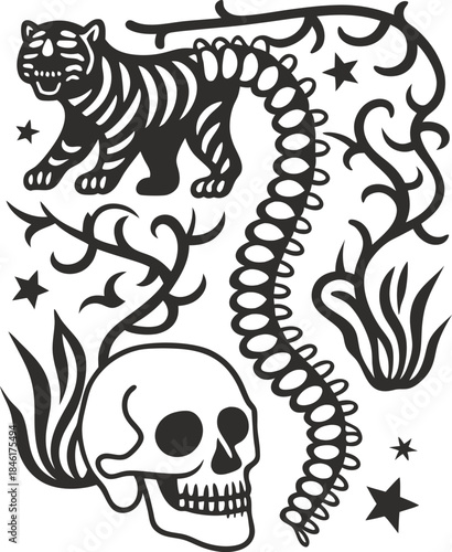 Tiger, human skull and spine with botanical elements and stars in monochrome tattoo flash illustration