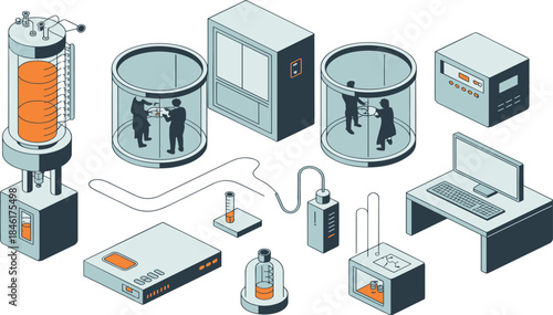 Futuristic, isometric, biotechnology, laboratory, equipment, advanced, medical, research, systems, digital, bioprocess
