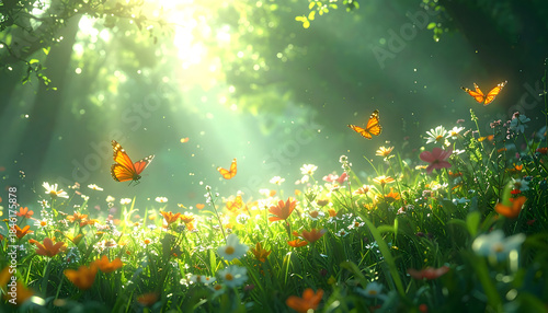 Butterflies flying in the sunlight and flowers blooming in the forest fields
