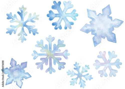 Clipart and pattern of snowflake hand drawn with watercolor isolated on transparent background