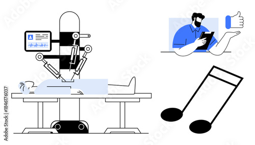 Surgical innovation, automation, remote interaction, music industry, futuristic concepts, human connection. Robot performing surgery, man with tablet and musical notes. Surgical innovation