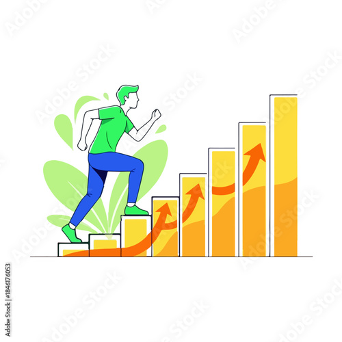A person runs up a growth chart illustration, symbolizing career progress and success isolated on transparent background