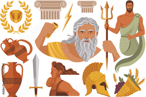Greek mythology illustration set featuring gods, ancient columns, pottery, laurel wreath, armor, trident, lightning bolt, warrior helmet, hero figure, cornucopia