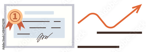 Certificate featuring badge and signature next to rising line graph. Ideal for success, growth, recognition, progress, achievement, education, motivation. Perfect as simple flat metaphor