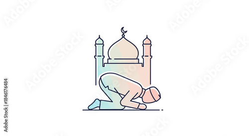 Vector Line Art Icon Depicting a Muslim Individual Praying in Prostration Before a Mosque, Symbolizing Islamic Faith and Spiritual Devotion