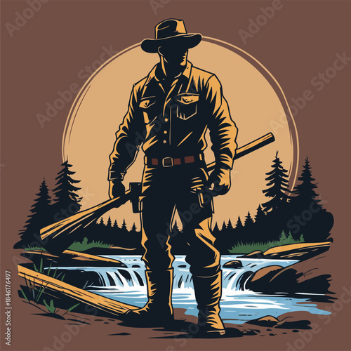 Illustration of a lumberjack, drawn in a bold American comic style with bold, expressive lines