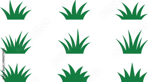 Green grass icon set, vector lawn and plant silhouettes, minimal flat design for nature, garden, landscape graphics, elements, symbols, collection