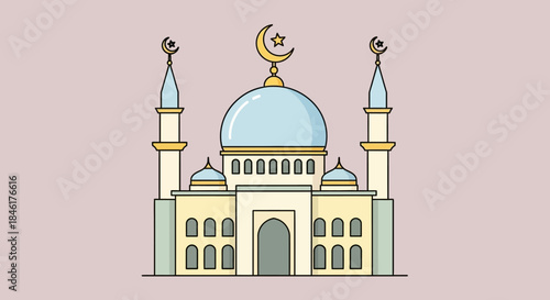 A flat illustration of a mosque with minarets and a dome, showcasing Islamic architecture and religious symbolism, rendered in a modern, clean style