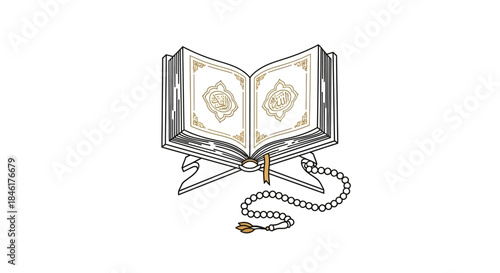 Detailed line art illustration of an open holy book, adorned with intricate designs, placed on a classic wooden stand, accompanied by prayer beads, representing spiritual study and devotion
