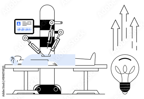 Robotic surgery, medical innovation, healthcare technology, futuristic treatment, medical robotics, research. Robotic system operating on patient. Robotic surgery and medical innovation concept