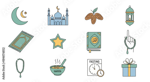 A vibrant collection of modern line art icons representing the various traditions, symbols, and observances associated with Islamic culture and the holy month of Ramadan
