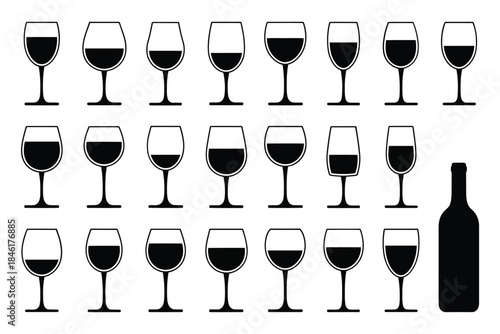 Collection of wine glasses with varying fills and a single bottle