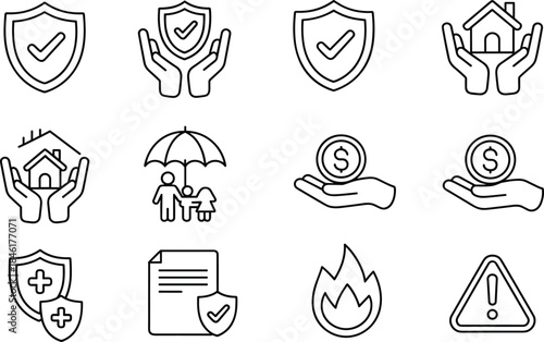 Insurance protection line icons set with shield home health family money safety symbols isolated on white background minimal outline design