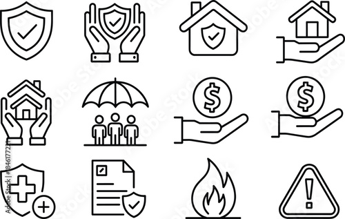 Insurance protection line icons set with shield home health family money safety symbols isolated on white background minimal outline design