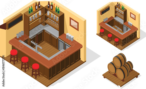 Isometric 3D illustration of rustic bar interior with beer taps, stools, shelves, barrels, pub design, isolated background,