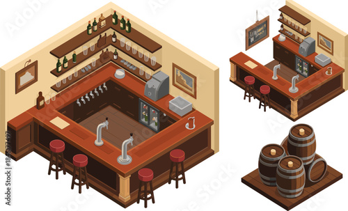 Isometric 3D illustration of rustic bar interior with beer taps, stools, shelves, barrels, pub design, isolated background,
