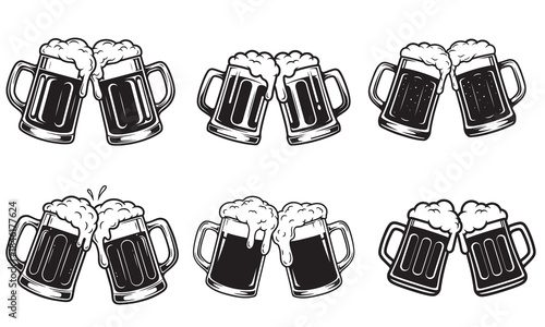 Set of six clinking beer mugs filled with foamy brew, handdrawn style for oktoberfest or pub celebrations