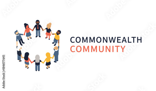 Diverse group of people holding hands in a circle with "Commonwealth Community" text.
