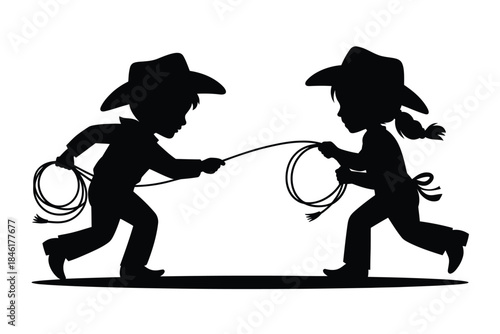 Two cartoon cowboys playfully roping a silhouette of western fun