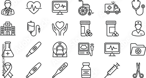 Medical icons set, healthcare symbols, hospital equipment line art, doctor and emergency vector collection, linear medicine elements, flat outline style design.