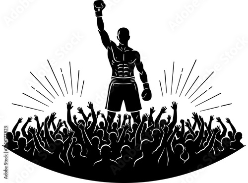 Boxer champion silhouette raising hand in victory over a cheering crowd, monochrome vector illustration of sport, achievement, and success, boxing match winner.