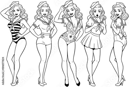 Set of five vintage pin-up girls vector illustrations wearing retro sailor swimsuits, monochrome hand-drawn style, 1950s fashion, sexy model poses.