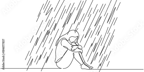 Continuous one-line drawing of sad depressed woman sitting alone in heavy rain, minimal vector concept of loneliness, sorrow, and grief.