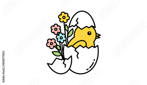 A vector illustration of a cute yellow chick just hatched from an egg, decorated with colorful flowers. It's a symbol of rebirth, spring, and Easter celebrations.