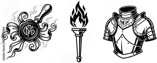 Vintage heraldic emblems set, torch, armor, and wax seal with ribbon, isolated monochrome tattoo-style vector illustration, medieval symbols.